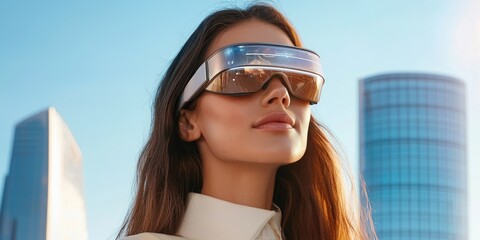 Aufkleber - Future fashion trends blending high-tech wearables with classic styles, captured on a clean backdrop, featuring a model demonstrating augmented reality accessories and st