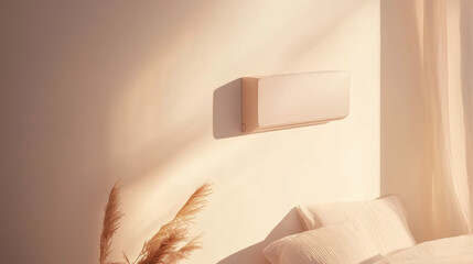 Poster - modern wall mounted air conditioner in cozy bedroom with soft sunlight and neutral tones