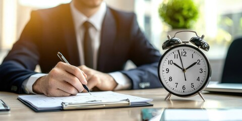 Fototapete - businessman jotting down goals in a productivity planner next to a clock, clean workspace, neutral tones