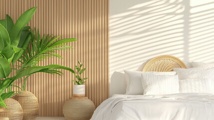 Poster - cozy bedroom with white bedding, rattan decor, and lush green plants, illuminated by natural sunlight casting shadows on wall