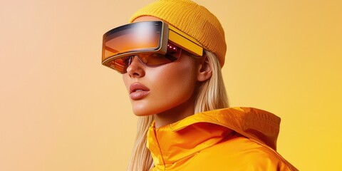 Fototapete - Future fashion trends blending high-tech wearables with classic styles, captured on a clean backdrop, featuring a model demonstrating augmented reality accessories and st