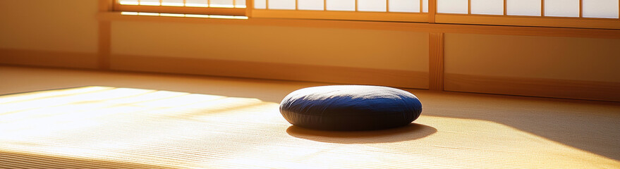 Poster - serene meditation cushion placed on sunlit tatami mat in traditional Japanese room