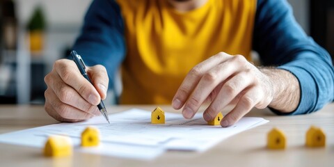 Poster - businessman reviewing company policies document with compliance regulations checklist on a clean desk