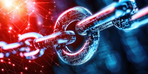 Fototapete - Dynamic illustration of a blockchain network functioning as a public ledger for identity verification, highlighting anti-fraud measures and user credentials in a sleek, e