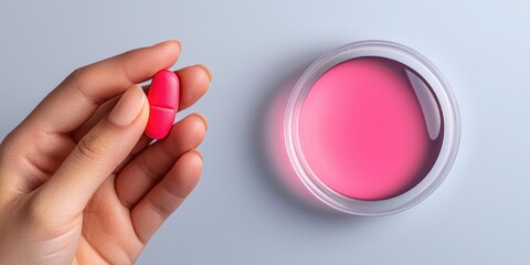 Poster - hands holding a tablet of medication beside a petri dish, showcasing the intersection of biology and healthcare against a simple background