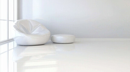 Leinwandbilder - modern minimalist interior with white bean bag chair and matching ottoman on glossy white floor, near large window with natural light