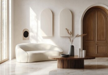 Wall Mural - Minimalist Living Room with Curved Sofa Modern Coffee Table and Elegant Art Deco Elements