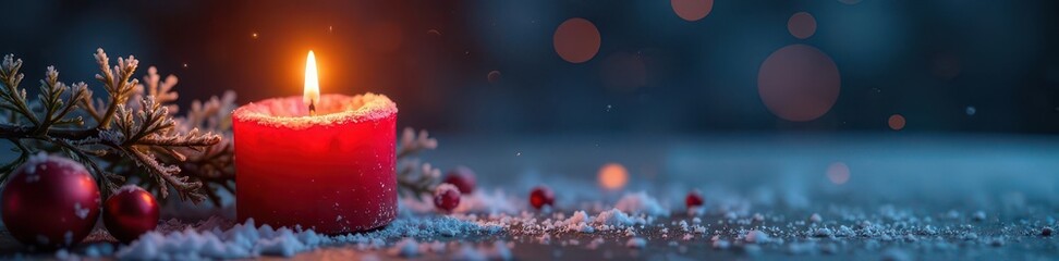 Wall Mural - Burning red candle, frosted branches, glitter, snowflakes ,  candle,  still life