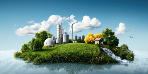 Aufkleber - A visually striking collage of renewable energy innovations, featuring biogas digesters and hydroelectric systems, set against a simple, neutral environment