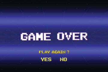 Poster - game over play again yes, no .pixel art .8 bit game. retro game. for game assets in vector illustrat