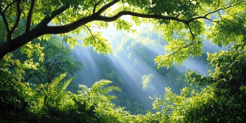 Poster - peaceful line connection amidst a tranquil forest shrouded in gentle morning mist, dew-kissed foliage, harmonious nature