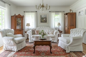 Wall Mural - Elegant living room with classical furniture and natural light in a cozy home setting