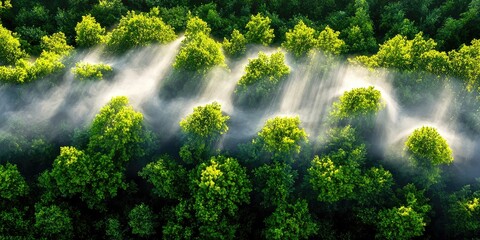 Poster - minimalist line connection in a tranquil forest, morning mist curling around vibrant green trees, calming and refreshing ambiance