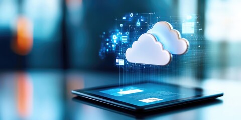 Leinwandbilder - modern office setup featuring digital signature software on a tablet, cloud storage elements above, highlighting secure document authentication, with a soft neutral backg