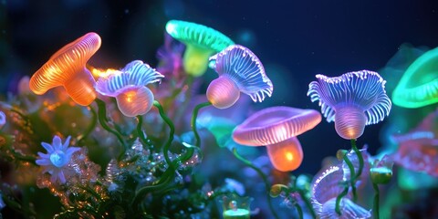 Poster - A close-up of bioluminescent organisms in the deep sea, illustrating the wonders of marine life with an emphasis on scientific discovery