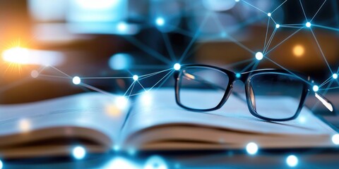 Fototapete - visual representation of data provenance in blockchain, featuring interconnected nodes and an academic setting with open books and glasses on a desk, soft lighting