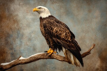 Wall Mural - Majestic bald eagle perched on a snow-dusted branch, showcasing its powerful presence.