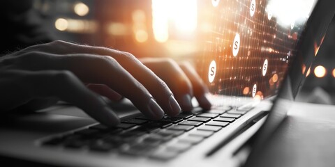 Aufkleber - Hands typing on a laptop with SSL certificate graphics and symbols of user trust, conveying website security concepts, editorial style, neutral setting