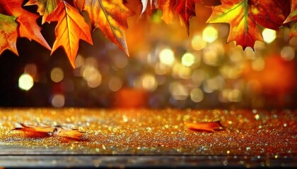 Poster - golden autumn maple leaves on sparkling bokeh background, festive fall decor, perfect for seasonal design