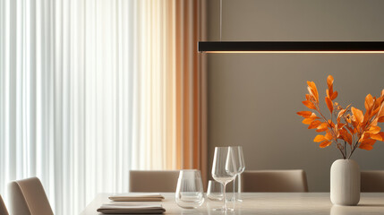 Poster - modern dining table setup with elegant glassware, white vase holding orange foliage, and soft natural light filtering through sheer curtains