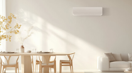 Leinwandbilder - modern, high capacity air conditioner mounted minimalist white wall bright, sunlit living and dining area with wooden furniture and cozy decor