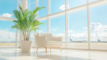 Wall Mural - bright airport lounge with white armchair and potted plant near large windows overlooking