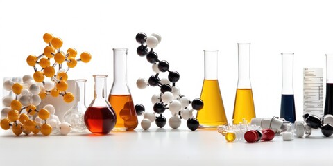 Poster - laboratory setting featuring organic compound structures on glassware and scientific instruments against a neutral backdrop