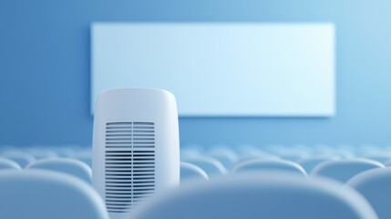 Poster - high capacity air conditioner in modern conference room with rows of blue chairs and blank white screen in background