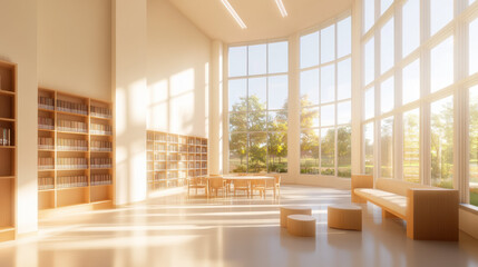 Aufkleber - Bright and spacious library interior with large windows, wooden furniture, and bookshelves, creating serene and inviting atmosphere