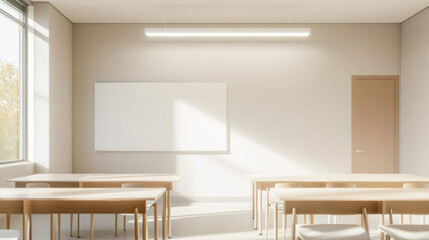 Poster - bright and minimalistic classroom with wooden desks, chairs, whiteboard, and natural light streaming through large windows