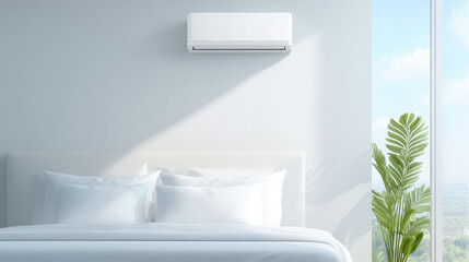 Aufkleber - modern bedroom with high capacity air conditioner, white bedding, and green plant by large window, creating serene atmosphere