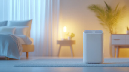 Sticker - modern air purifier in cozy, softly lit bedroom with minimalist design and warm ambiance