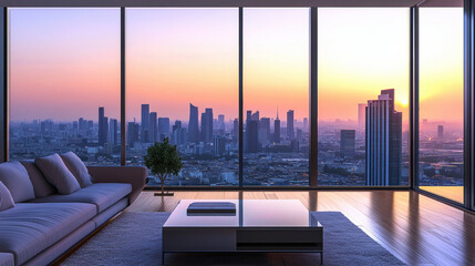 Wall Mural - Modern living room with panoramic city view at sunset, featuring sleek sofa, glass coffee table, and wooden flooring for serene ambiance