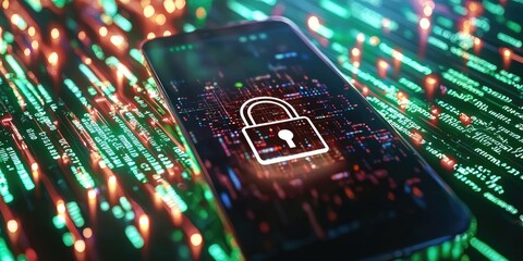 Aufkleber - Data encryption in action, showcasing a smartphone with a padlock symbol on the screen, surrounded by digital code, neutral background