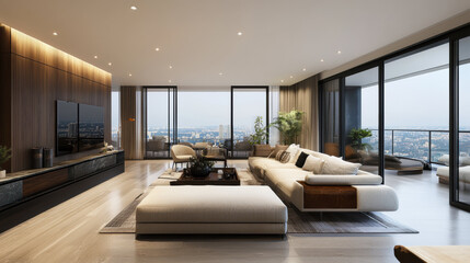 Wall Mural - Modern luxury living room with panoramic city views, featuring spacious sectional sofa, wooden accents, and floor to ceiling windows