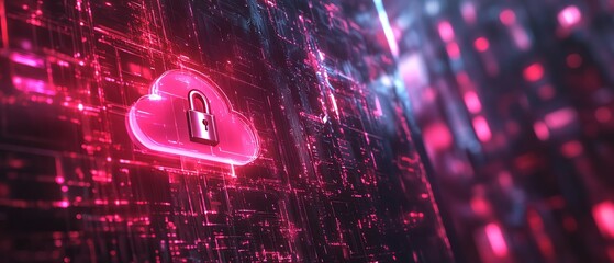 Poster - A digital abstraction of cloud security services, with a cloud icon and secure padlock symbol, glowing against a hightech background, representing cybersecurity