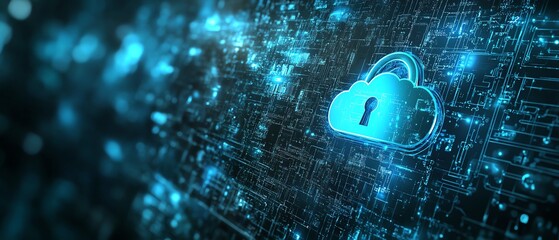 Poster - A digital abstraction of cloud security services, with a cloud icon and secure padlock symbol, glowing against a hightech background, representing cybersecurity