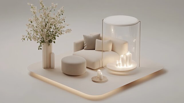 High-resolution 3D rendering of a stylish living room with a sofa and television, set in a cube with bright lighting and vivid details