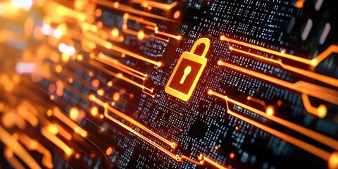 Aufkleber - Data encryption symbolized by a digital lock surrounded by binary code and glowing circuit lines, conveying robust information security and cyber protection, neutral back