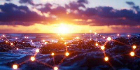 Poster - dynamic line connection in silhouette against a vibrant sunset over crashing ocean waves, minimalist beach scene with gentle tide