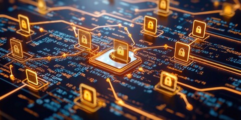 Aufkleber - a secure server with encrypted file icons, emphasizing user authentication credentials and data integrity shields on a sleek, neutral backdrop