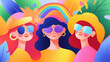 © Jirawatfoto - Three vibrant women wearing sunglasses and colorful hats smile joyfully against rainbow and tropical leaves background, celebrating diversity