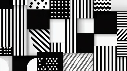 Poster - A vibrant collage of black and white patterns featuring stripes, dots, and geometric shapes, creating a modern and artistic design.