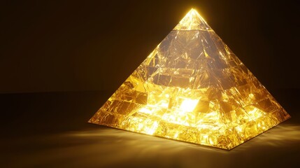 Poster - A glowing low-poly golden pyramid with a crystalline, multi-faceted structure.
