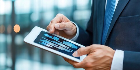 Fototapete - businessman discussing investment strategy with colleagues, showing financial data on a digital tablet, neutral background