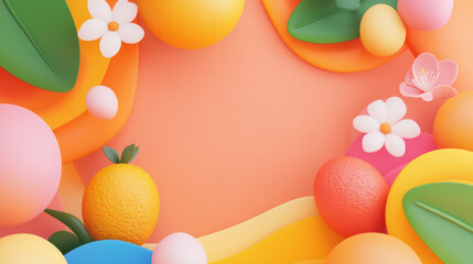 Aufkleber - Colorful abstract composition with vibrant fruits, flowers, and leaves on soft orange background, evoking cheerful and playful mood