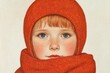 © VICHIZH - Portrait of a young girl with red hair and bright blue eyes, wearing a cozy orange scarf and hat, evoking warmth and innocence in a simple, light background