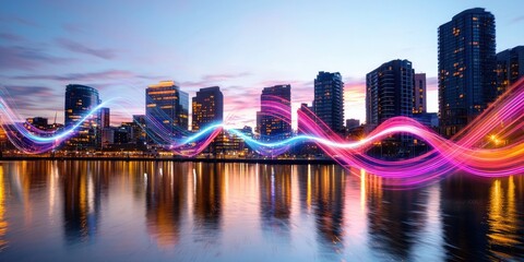 Fototapete - Dynamic line connection contrasting against a glowing urban skyline at dusk, with reflections on water enhancing the scene