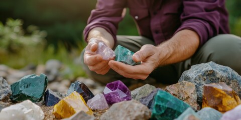 Poster - Science exploration of geology with a geologist examining colorful mineral-rich rocks, neutral background, focus on rock textures and geological tools