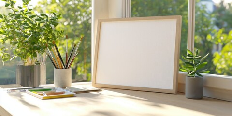 Poster - Cozy workspace featuring a creative line connection through artistic tools and bright natural light, neutral background